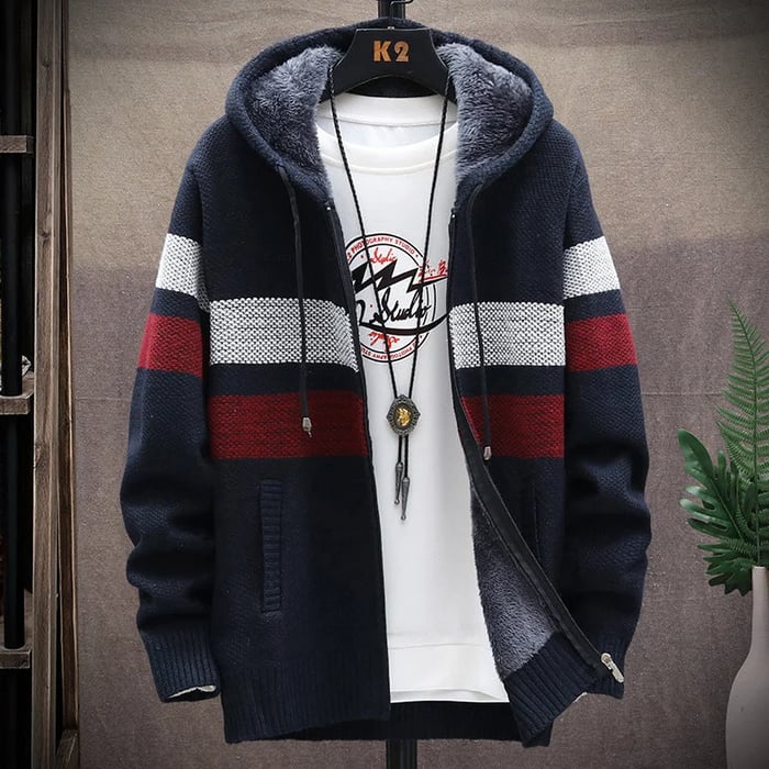 Men's zip-front hoodie in dark blue with red and white plaid blocks, plush hood lining
