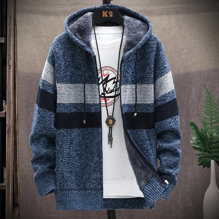Men's zip-front hoodie in blue and heather gray with white plaid blocks, plush hood lining