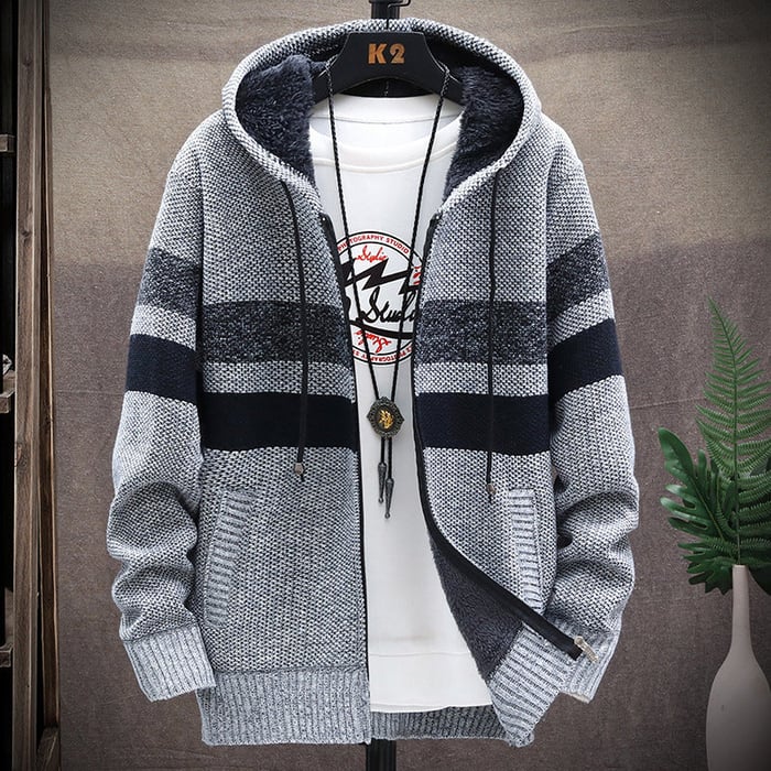 Men's zip-front hoodie in light gray with dark gray and white plaid blocks, plush hood lining