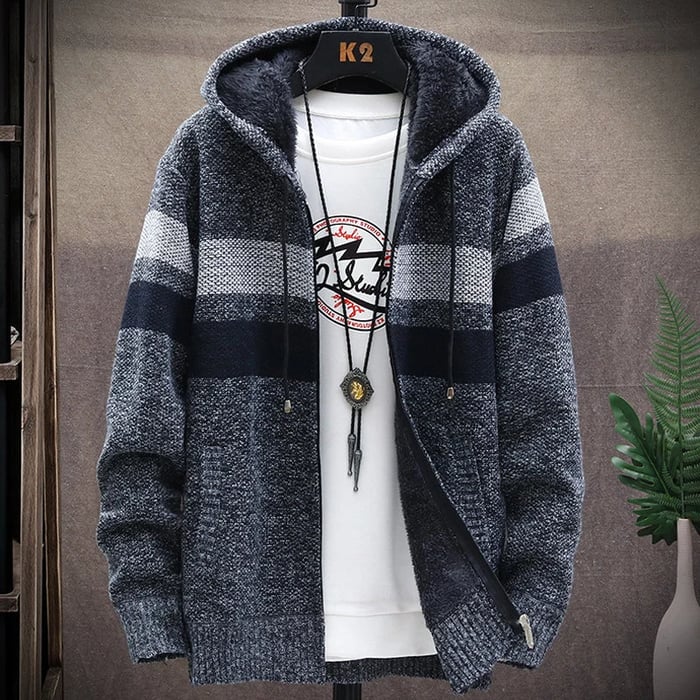 Men's zip-front hoodie in dark gray with black plaid blocks, plush hood lining