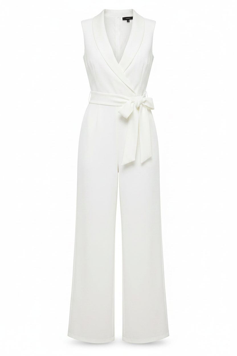 Sleeveless white tailored wide-leg jumpsuit with V-neck and self-tie waist