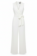 Sleeveless white tailored wide-leg jumpsuit with V-neck and self-tie waist