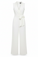 Sleeveless white tailored wide-leg jumpsuit with V-neck and self-tie waist