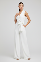 White sleeveless wide-leg jumpsuit with V-neck and self-tie waist belt