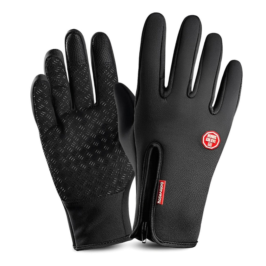 Black heated winter gloves with textured grip and red logo patch on wrist