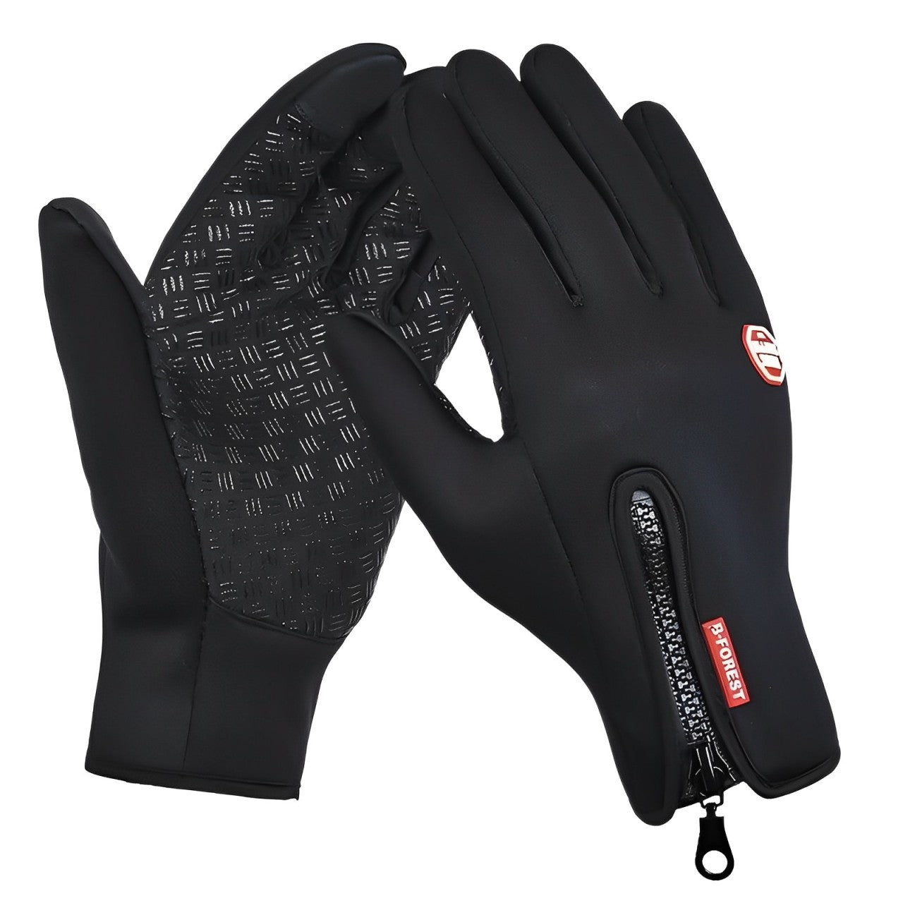 Black heated gloves with textured palm, red label patch, and zipper pull at cuff
