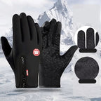 Pair of black heated winter gloves with textured palm and wrist heating pad area