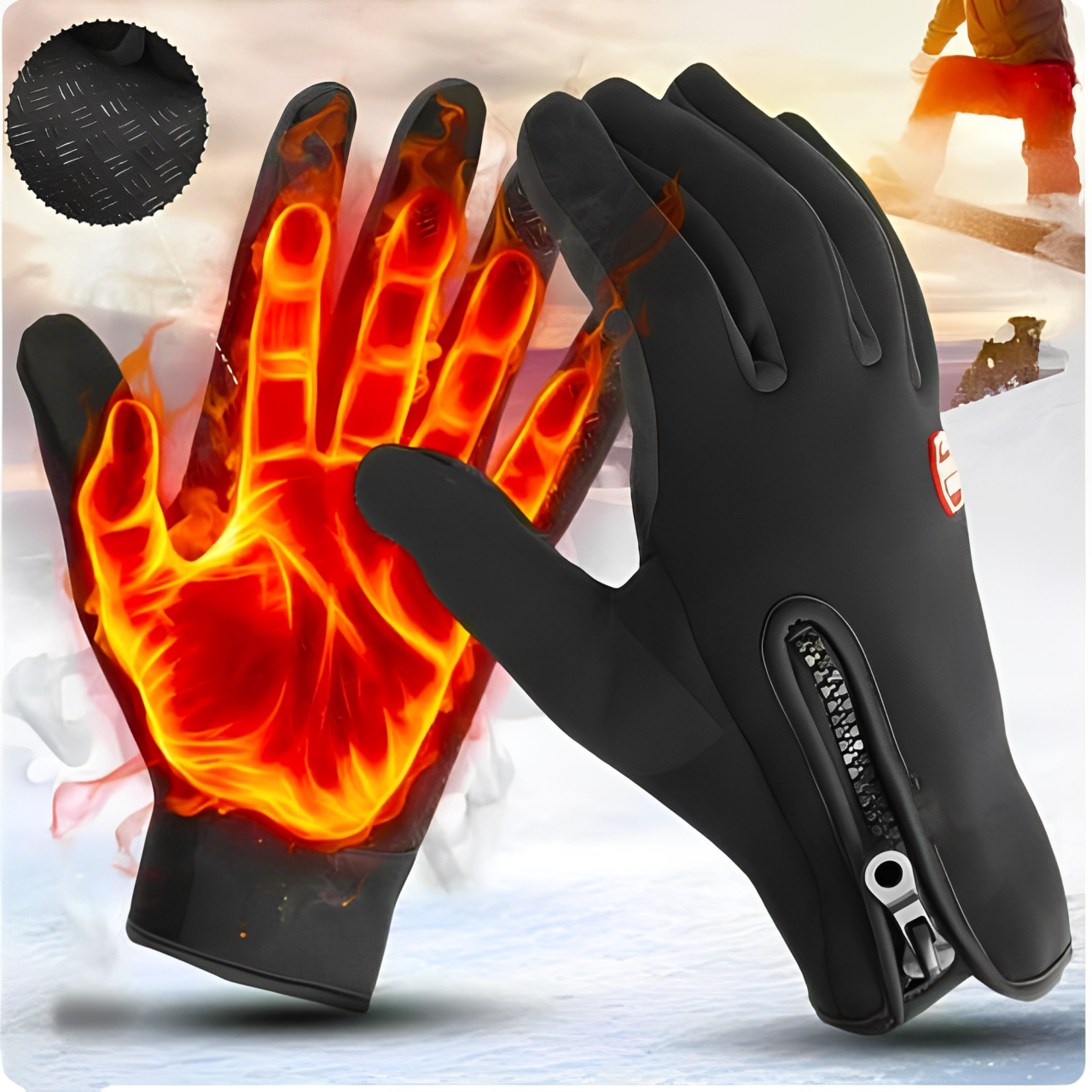 Black heated winter gloves with orange heat glow across palm and fingers