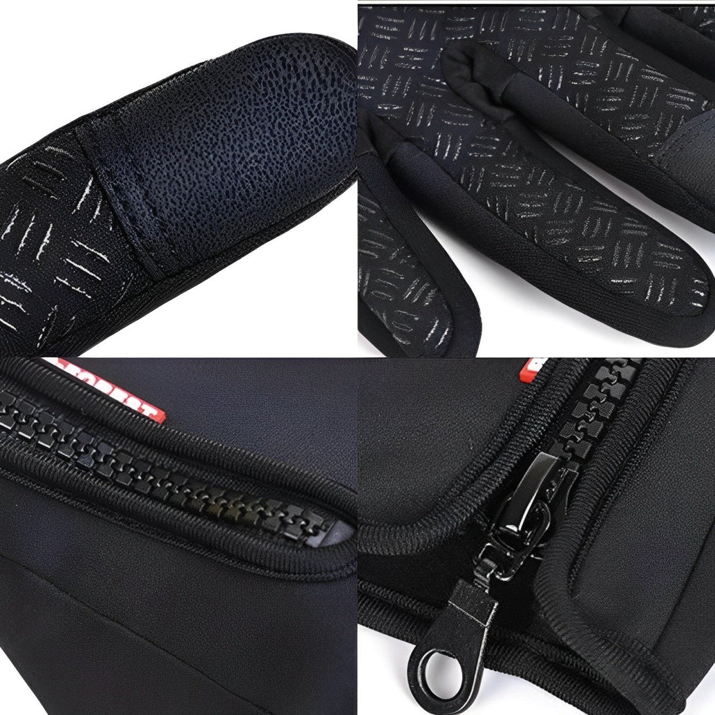 Black heated glove cuff close-up with zippered pocket opening and textured palm detail