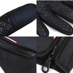 Black heated glove cuff close-up with zippered pocket opening and textured palm detail
