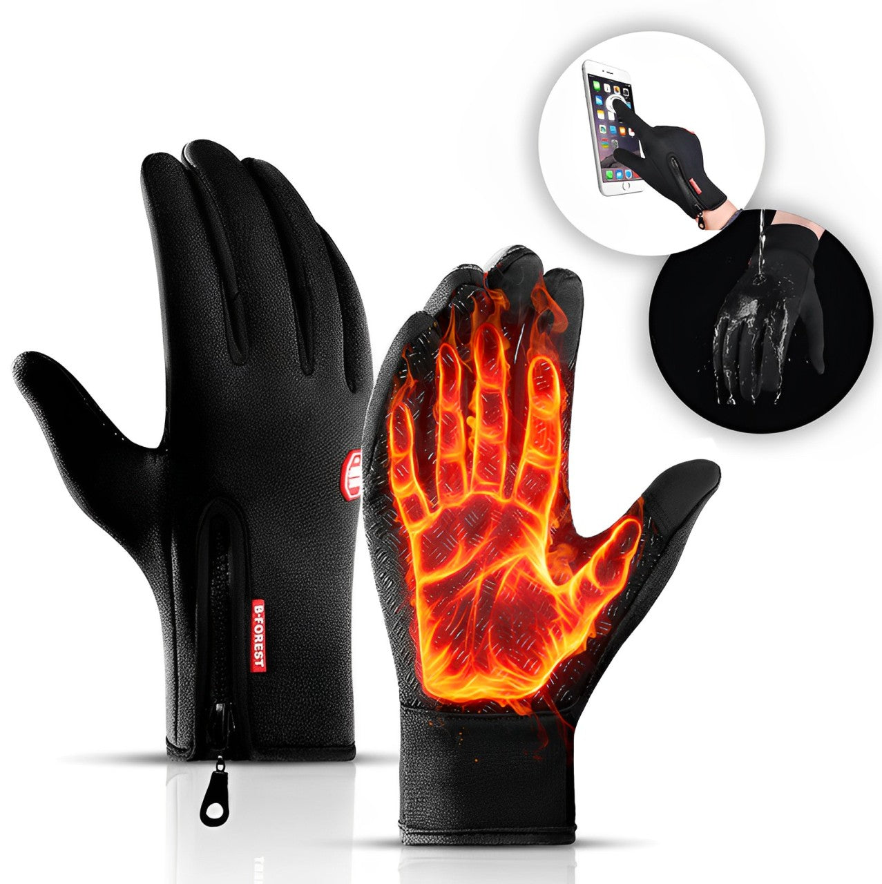 Black heated gloves with orange heat glow on the palm and zipper pull at cuff