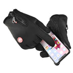 Black heated gloves with zippered cuff pocket holding a smartphone