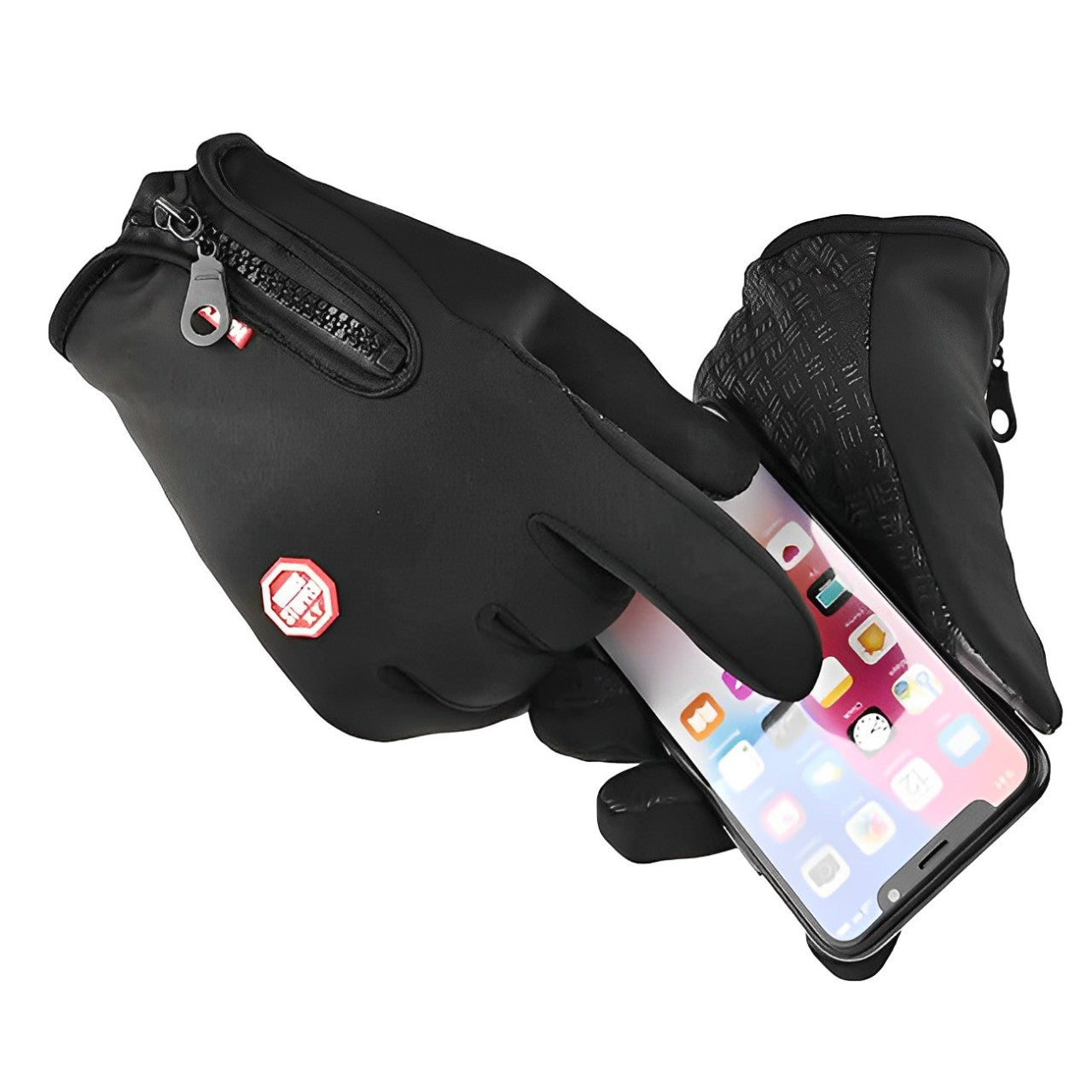 Black heated gloves with zippered cuff pocket holding a smartphone