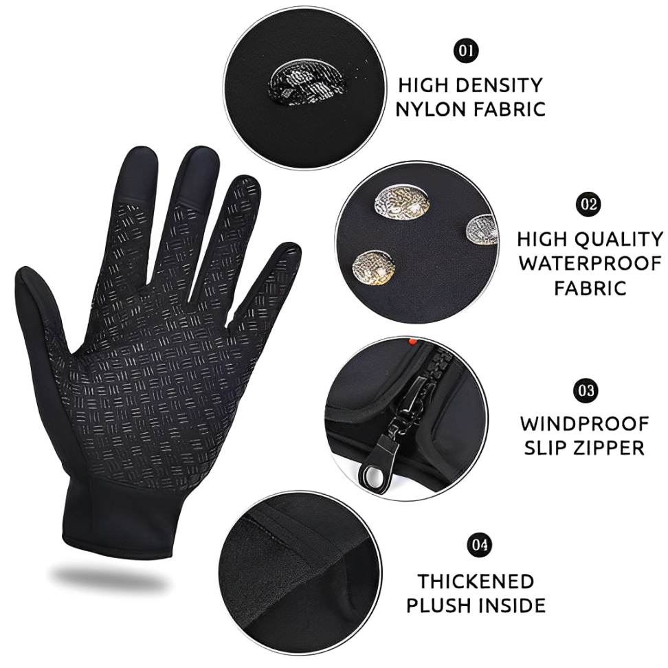 Black heated gloves with textured palm, padded fingers, and zippered cuff