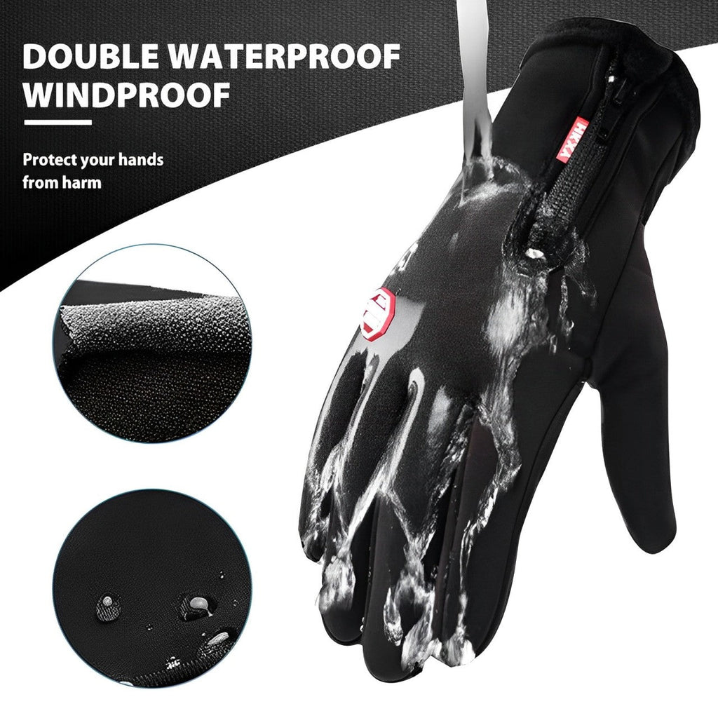 Black heated winter gloves with water-splash coverage and textured grip surface