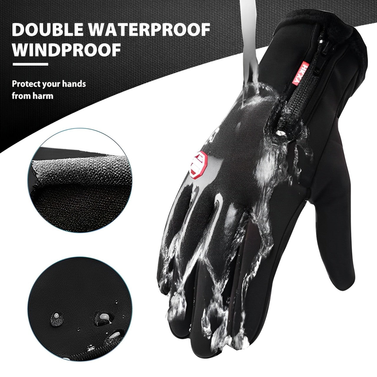 Black heated winter gloves with water-splash coverage and textured grip surface