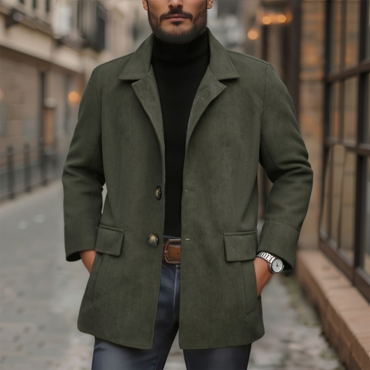 Military green corduroy jacket with Mao collar, front button placket, and chest pockets