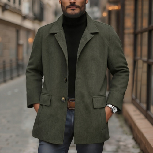 Military green corduroy jacket with Mao collar, front button placket, and chest pockets