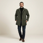 Men's dark green corduroy mao-collar button jacket, tailored fit with flap pockets