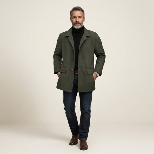 Men's dark green corduroy mao-collar button jacket, tailored fit with flap pockets