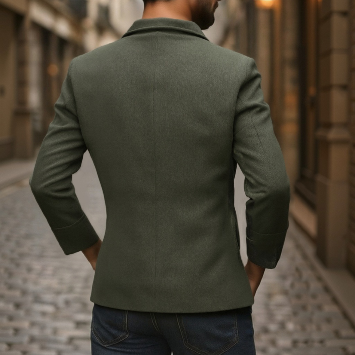 Back view of a military green corduroy jacket with Mao collar and button details