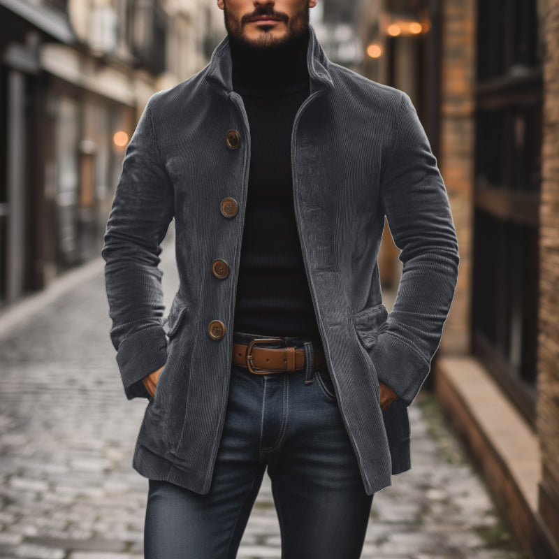 Gray corduroy jacket with Mao collar, front buttons, and side pockets