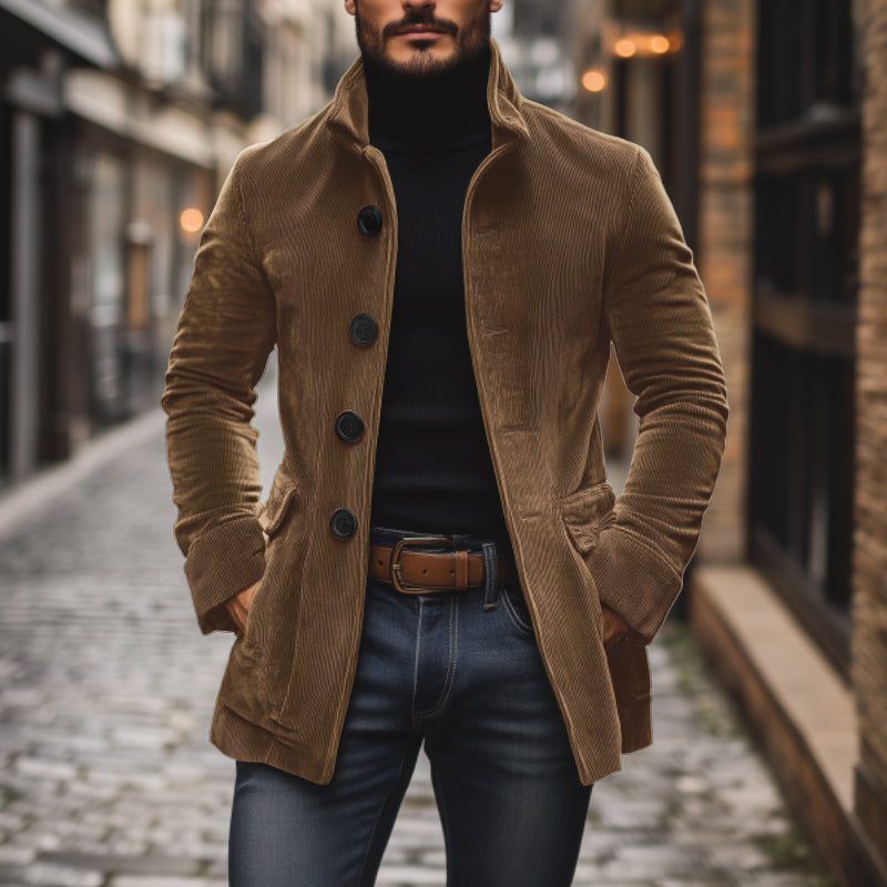 Light brown corduroy jacket with Mao collar, front buttons, and side pockets