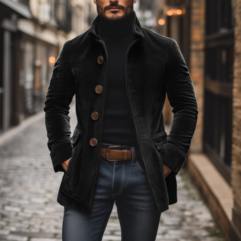 Black corduroy jacket with Mao collar, front buttons, and side pockets