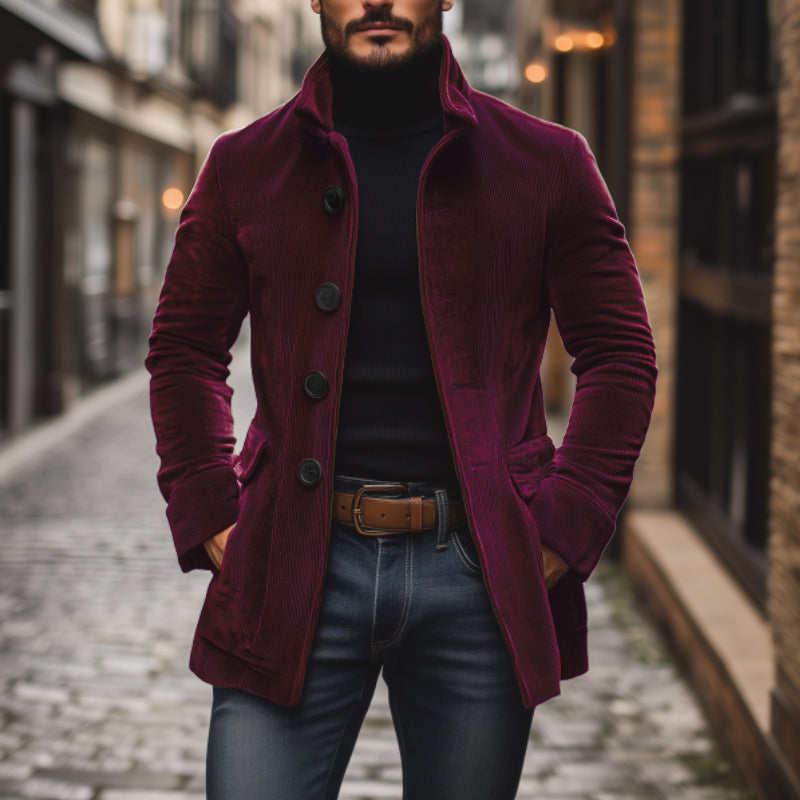 Wine red corduroy jacket with Mao collar, front buttons, and side pockets