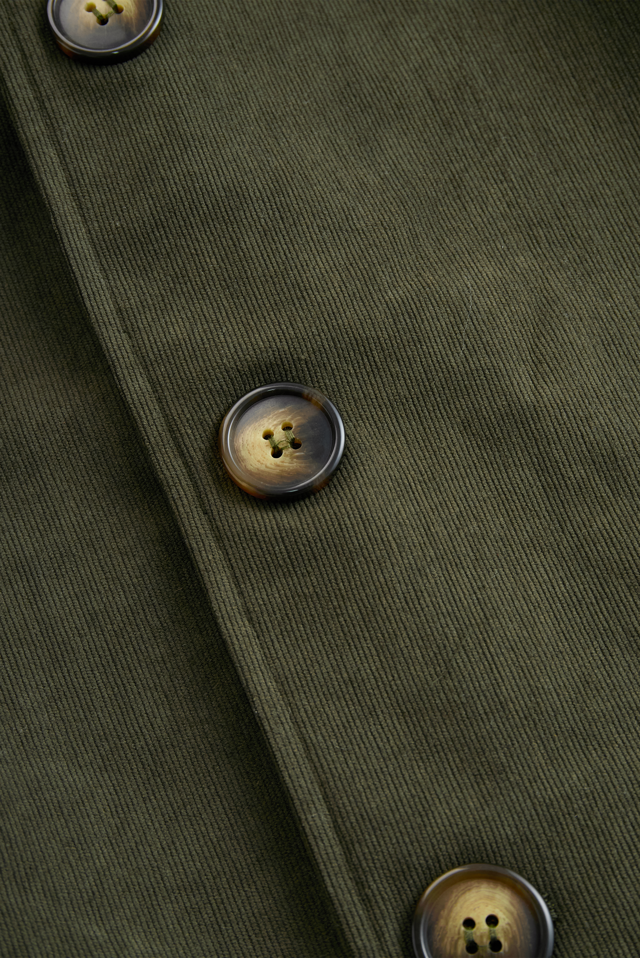 Military green corduroy jacket close-up of round front buttons