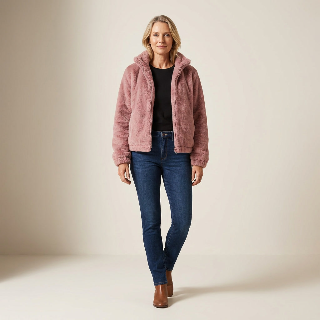 Women’s pink teddy fleece bomber jacket, high collar, front zip, cropped fit
