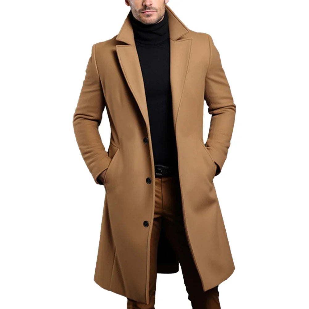 Men's trench coat in caramel brown, notched lapels, single-breasted button front