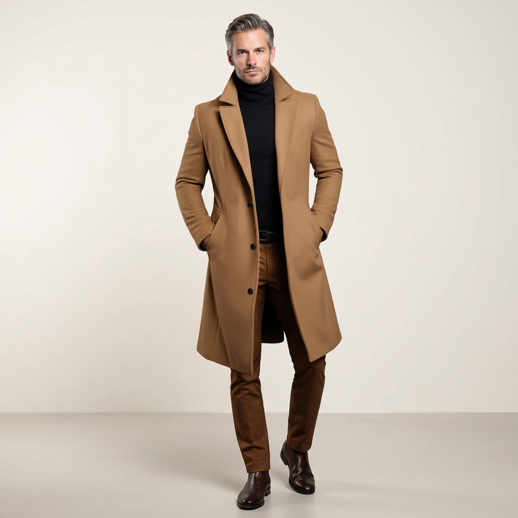 Men's camel tailored trench coat with lapels, front buttons, and functional pockets
