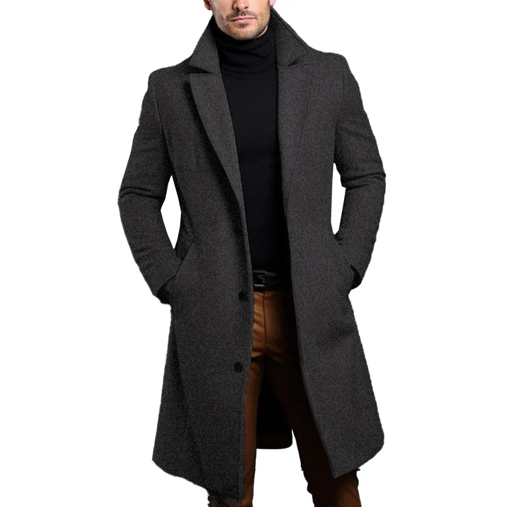 Men's trench coat in dark grey, notched lapels, single-breasted button front