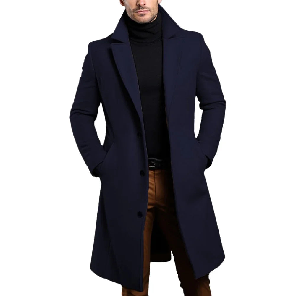 Men's trench coat in navy blue, notched lapels, single-breasted button front