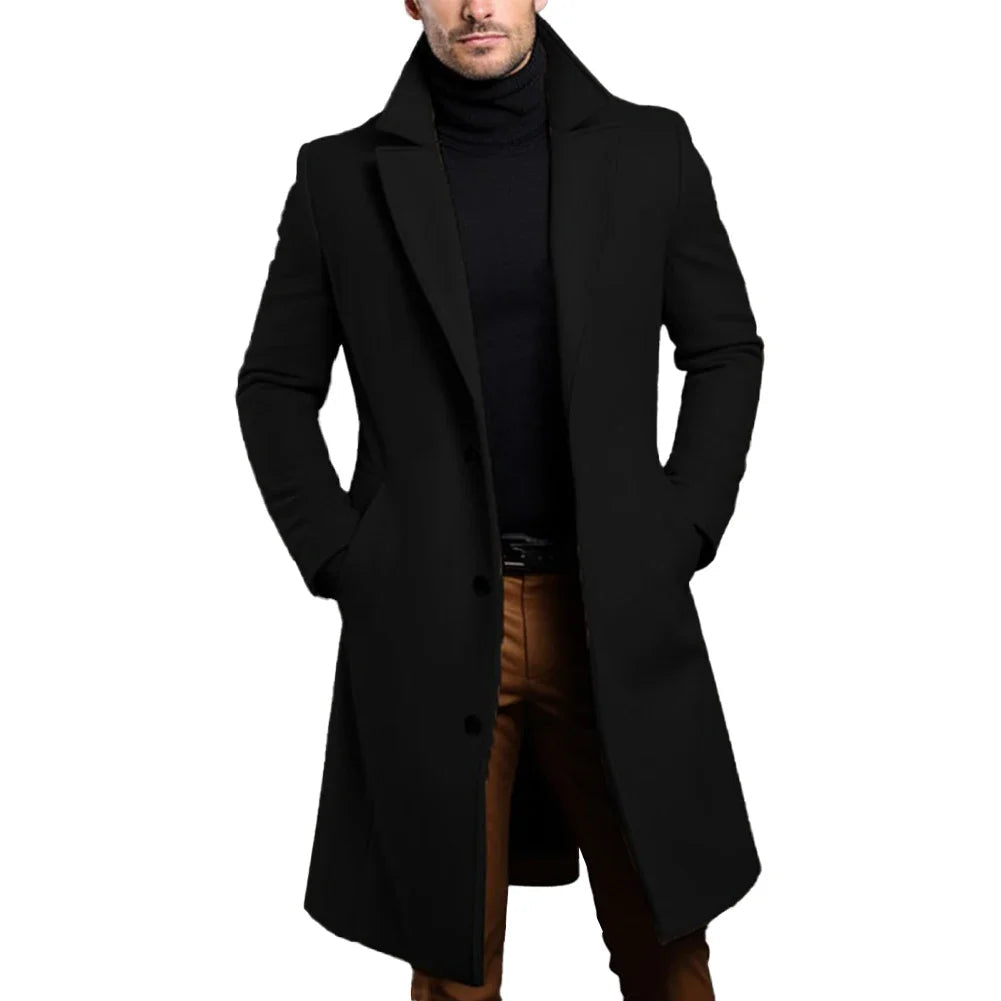 Men's trench coat in black, notched lapels, single-breasted button front