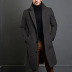 Men's trench coat in dark grey wool blend look, notched lapels, button front