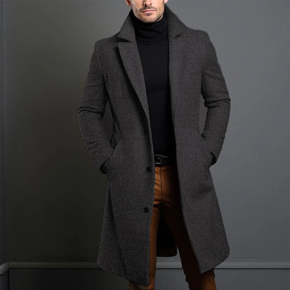 Men's trench coat in dark grey wool blend look, notched lapels, button front