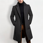 Men's trench coat in dark grey, notched lapels, single-breasted button front