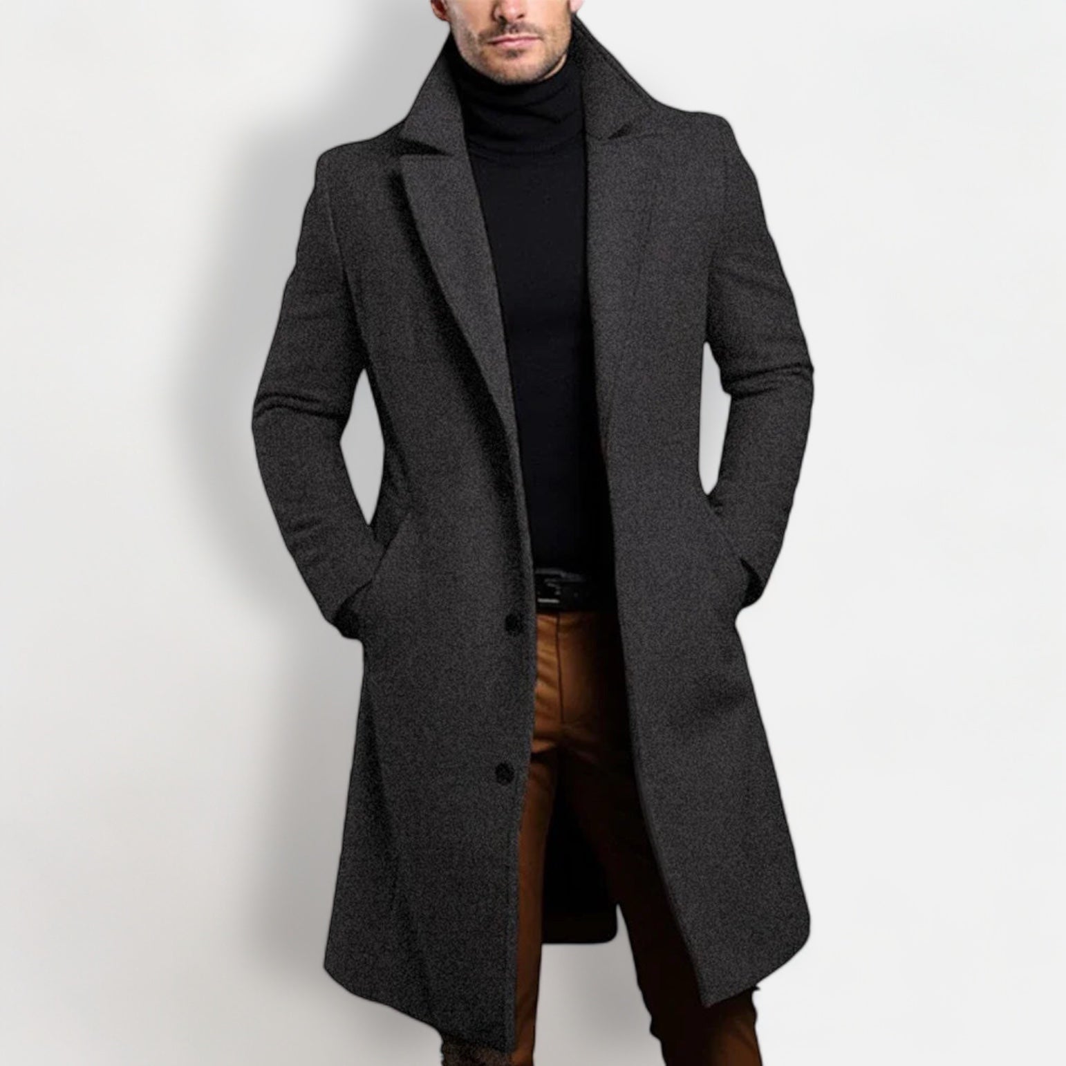 Men's trench coat in dark grey, notched lapels, single-breasted button front