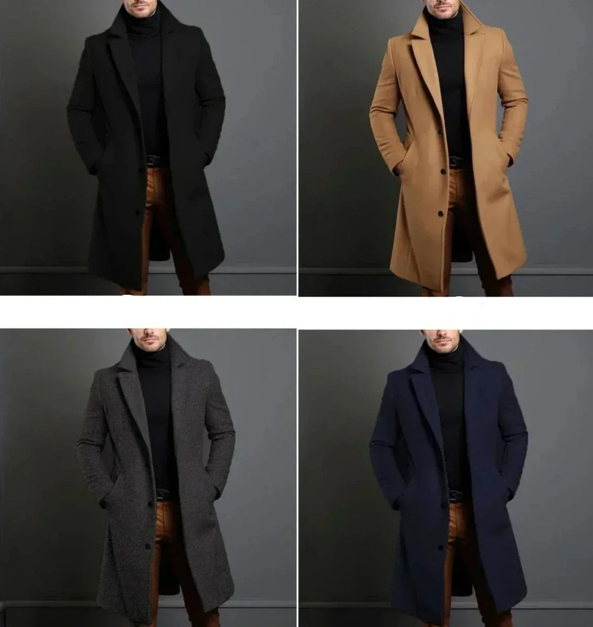 Men's trench coat shown in black, dark grey, caramel, and navy blue