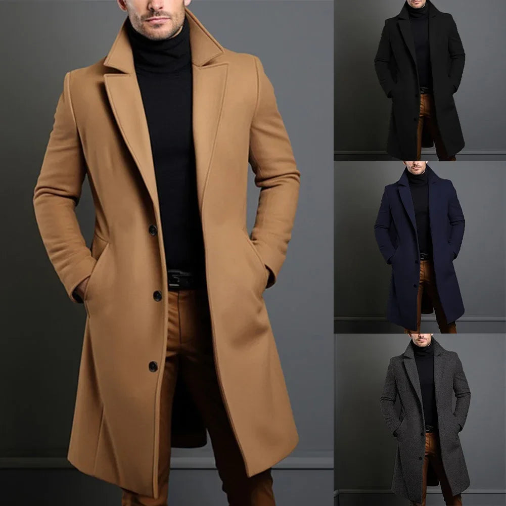 Men's trench coat in caramel, plus styling views in black and navy blue