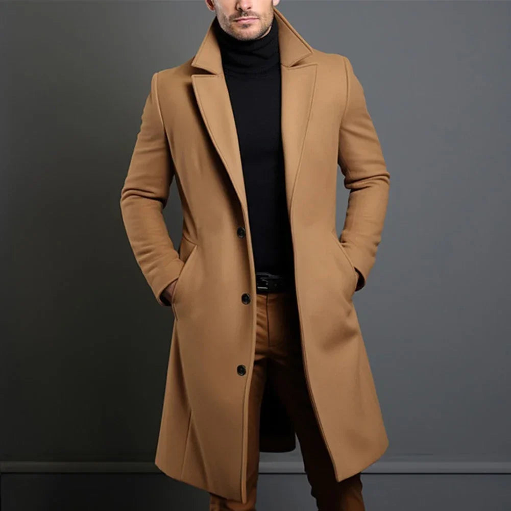 Men's trench coat in caramel brown, notched lapels, single-breasted button front