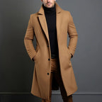 Men's trench coat in caramel brown, notched lapels, single-breasted button front