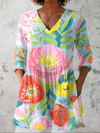 Multicolor floral V-neck drapey blouse with loose fit and 3/4 sleeves