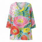 Multicolor floral V-neck tunic blouse, relaxed drape, three-quarter sleeves