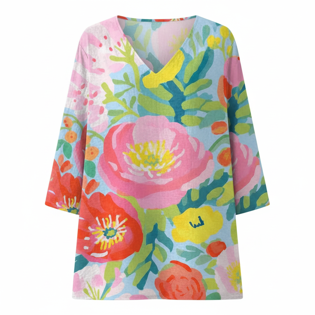 Multicolor floral V-neck tunic blouse, relaxed drape, three-quarter sleeves