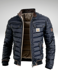 Hermosa men's quilted navy jacket with stand collar, front zip, button pockets