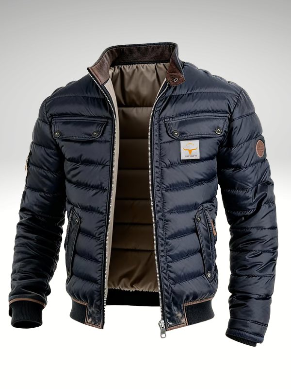 Hermosa men's quilted navy jacket with stand collar, front zip, button pockets