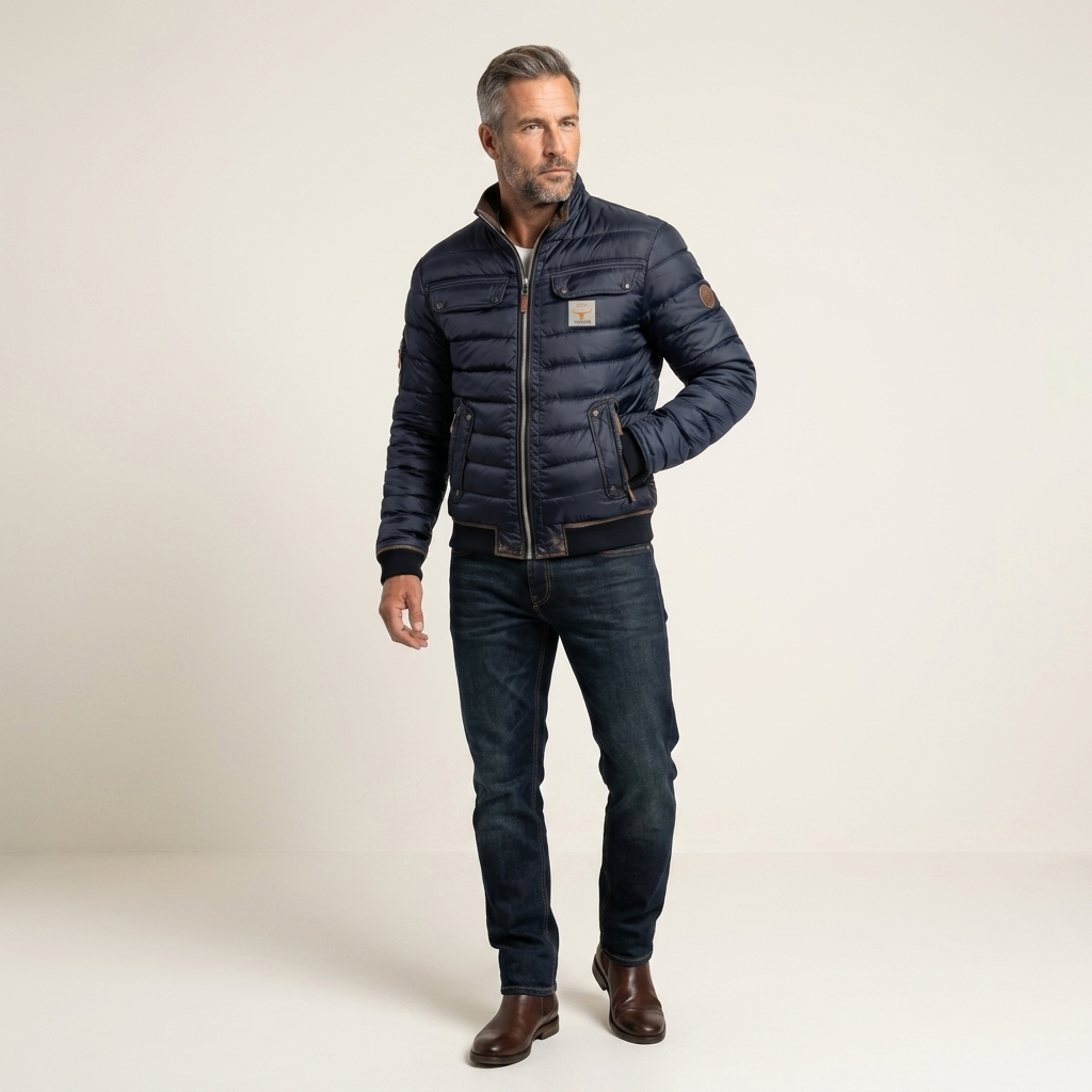 Men's navy quilted jacket with stand collar, zip front, relaxed fit, vintage patches